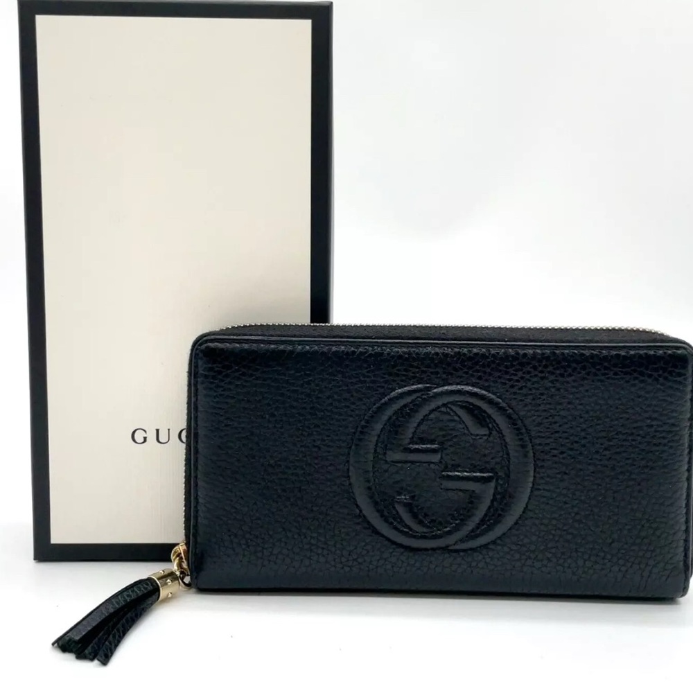 Authentic GUCCI GG Logo Soho Leather Black Long Wallet W/Box
